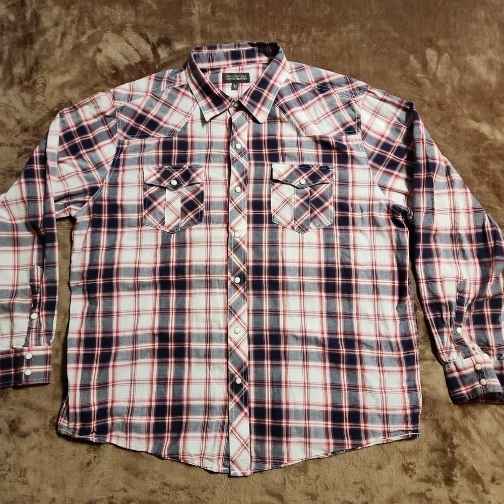 Denver Hayes  Mens Lg Classic Fit Red Navy Pearl Snap Plaid Western Shirt Cotton